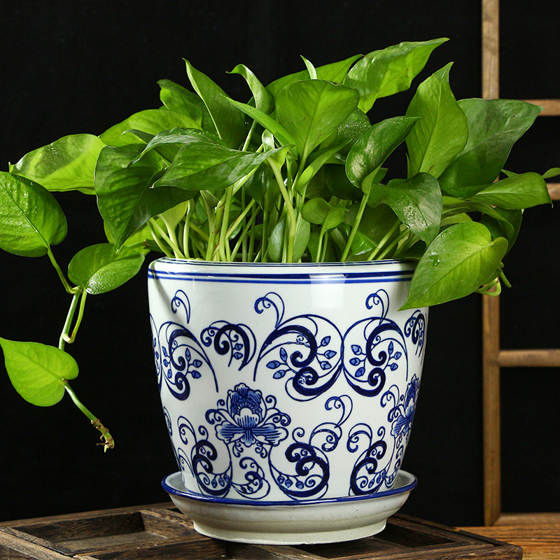 青花瓷陶瓷花盆带托盘大号手绘中国风仿古绿萝植吊兰盆景室内阳台