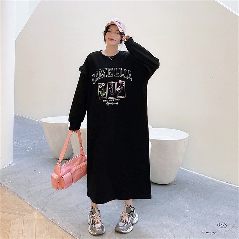 大码女装2024秋冬胖mm新款宽松显瘦空气层长款过膝休闲卫衣连衣裙