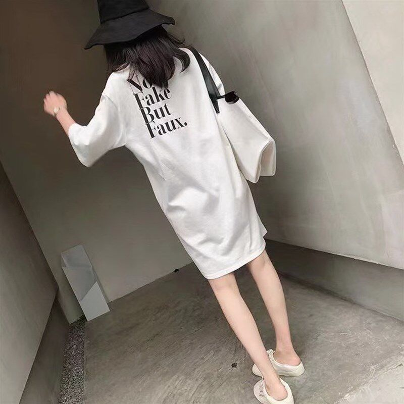 欧货大版中长款t恤女遮屁股大码z200斤高个子加长版T恤裙宽松洋气
