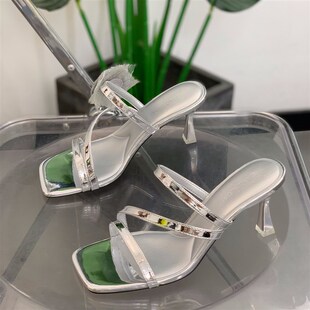 时尚 外穿爆款 露趾细跟女凉拖 女2w025年夏季 小众高级感7cm高跟拖鞋