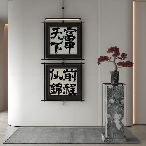 高级感金属杆氛围灯壁灯装饰画两幅画酒店餐厅吊杆走Y廊尽头挂画