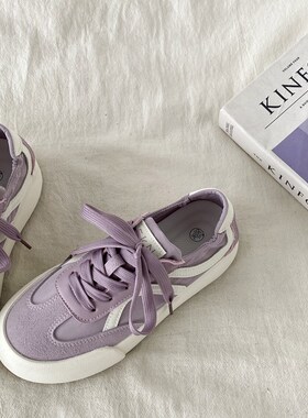 喜叔 夏季薄款紫色板鞋女2025新款透气帆布小R白鞋厚底休闲德训鞋