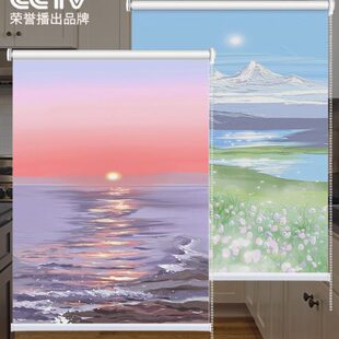北欧风景油画窗帘免打孔卧室客厅厨房卫生间防水卷帘全遮光遮挡帘