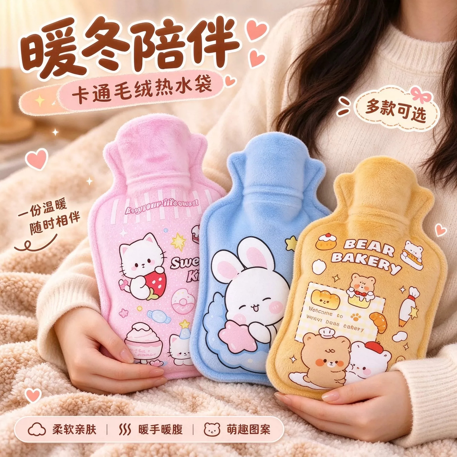 卡通毛绒加厚防爆注水热水袋可爱