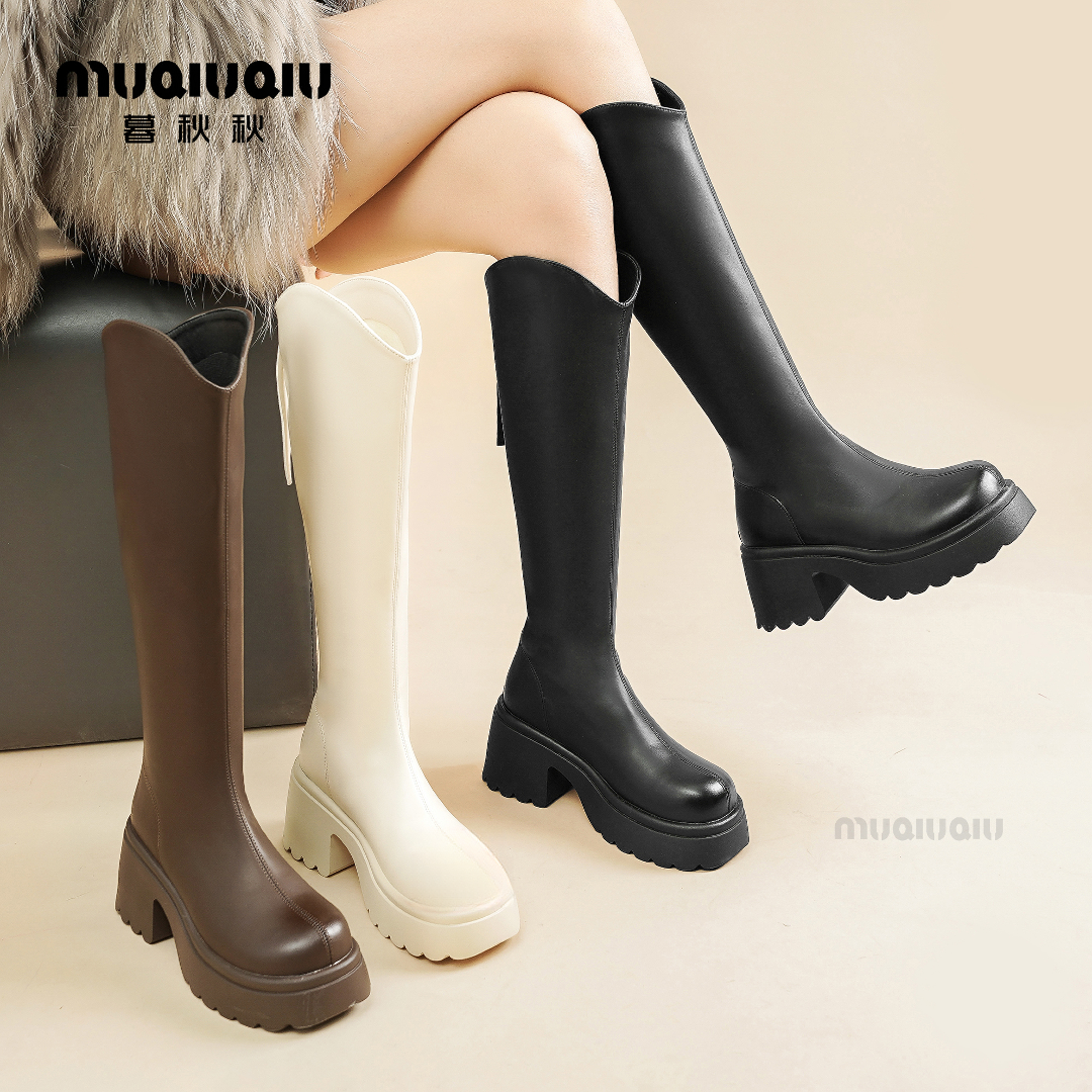 不过膝v口长筒靴女2025秋冬新款骑士靴小个子ins增高瘦瘦靴潮流