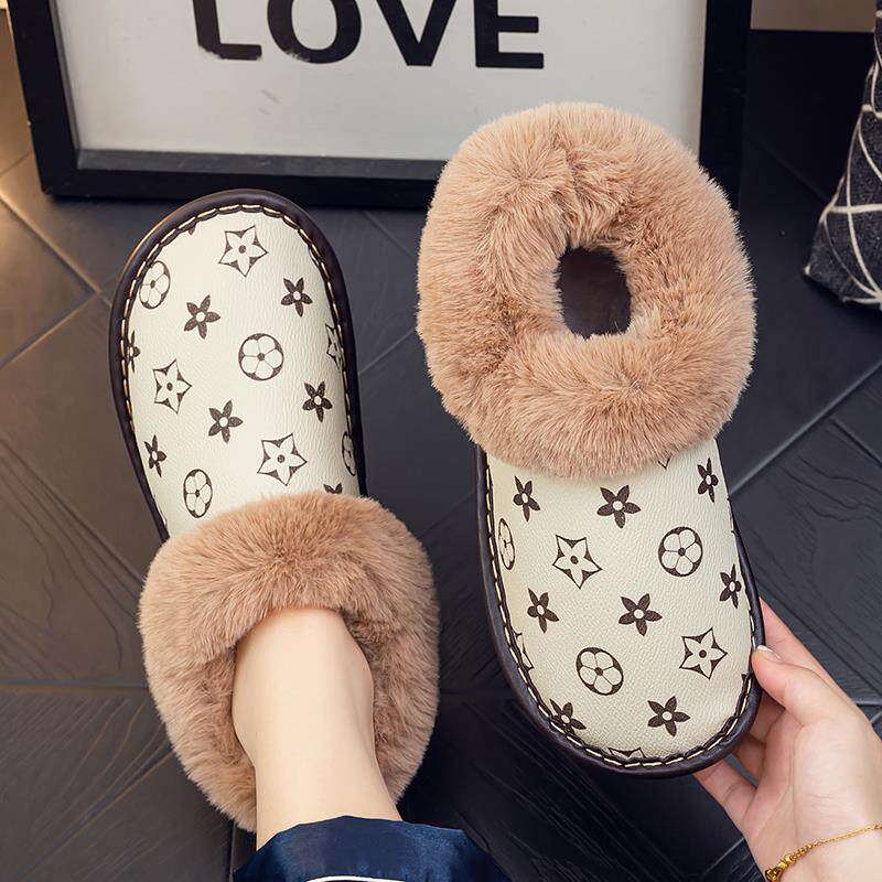 冬季防水皮面加绒保暖室内居家情侣棉拖鞋包脚带后跟家用防滑软底