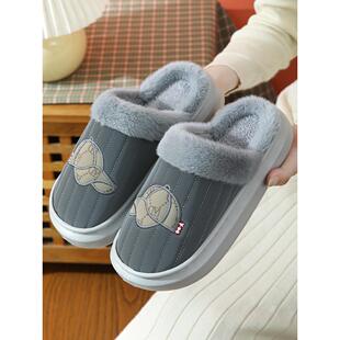 Pu皮革防水棉拖鞋男士家庭使用冬季室内厚底保暖羊毛衬里毛皮拖鞋