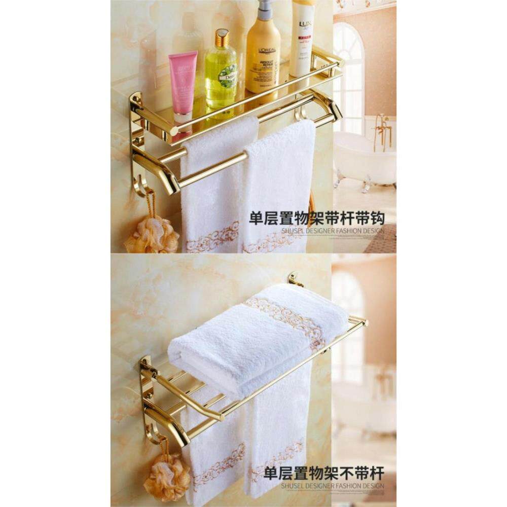 浴室不锈钢浴巾架子卫生间双层毛巾架壁挂折叠2层金色卫浴置物架