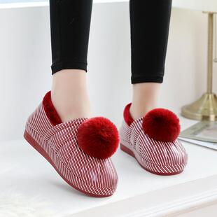 女棉鞋与夫妇家庭皮草球皮革防水室内暖厚底坐月子秋冬棉鞋