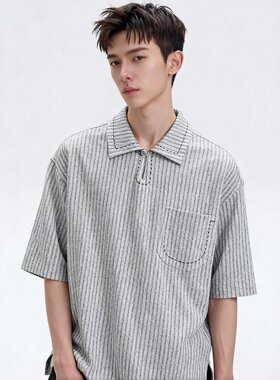 Anti Form夏季日系休闲复古老钱风条纹宽松POLO领套头短袖衬衫男