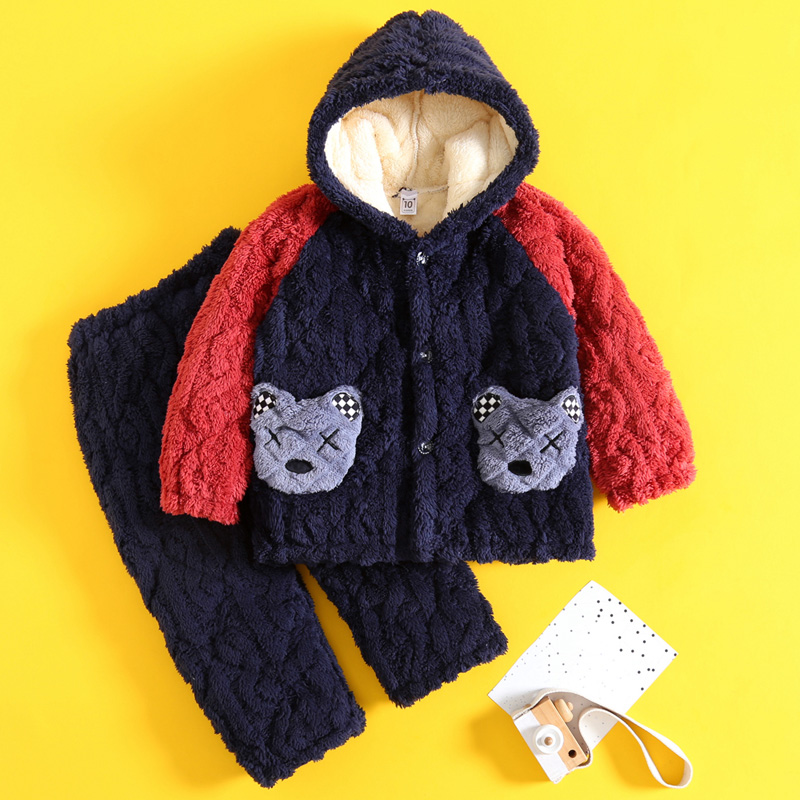 冬季儿童舒棉绒连帽睡衣裤套组珊瑚绒男孩女孩卡通小孩子宝宝家居