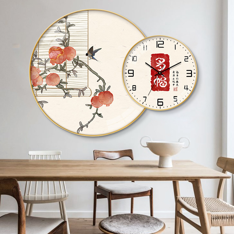 新中式餐厅装饰画禅意花鸟圆形静音时钟挂画客厅家用钟表组合挂画图片