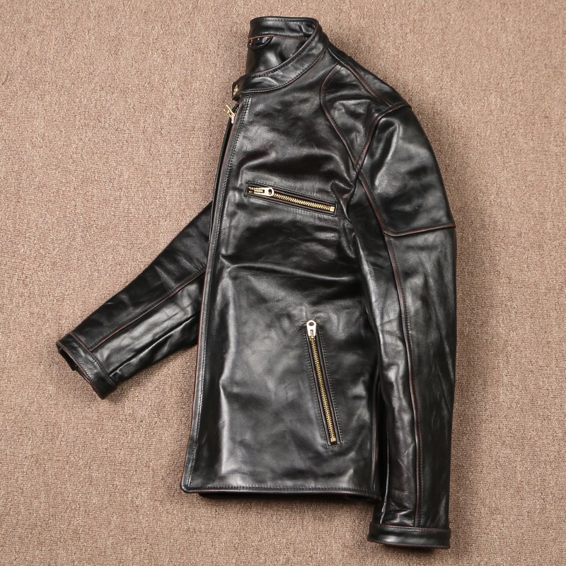 茶芯双色蜡染头层J100机车夹克男士复古皮衣立领短款骑行外套