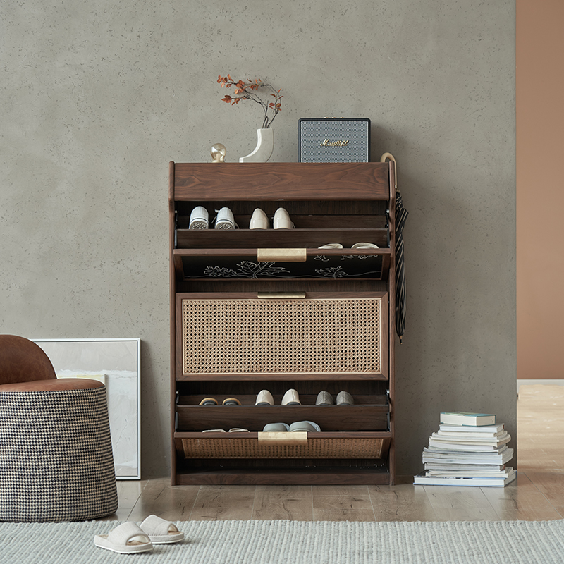 实木鞋柜家用门口小户型超薄翻斗鞋架北欧日式黑胡桃木藤编玄关柜