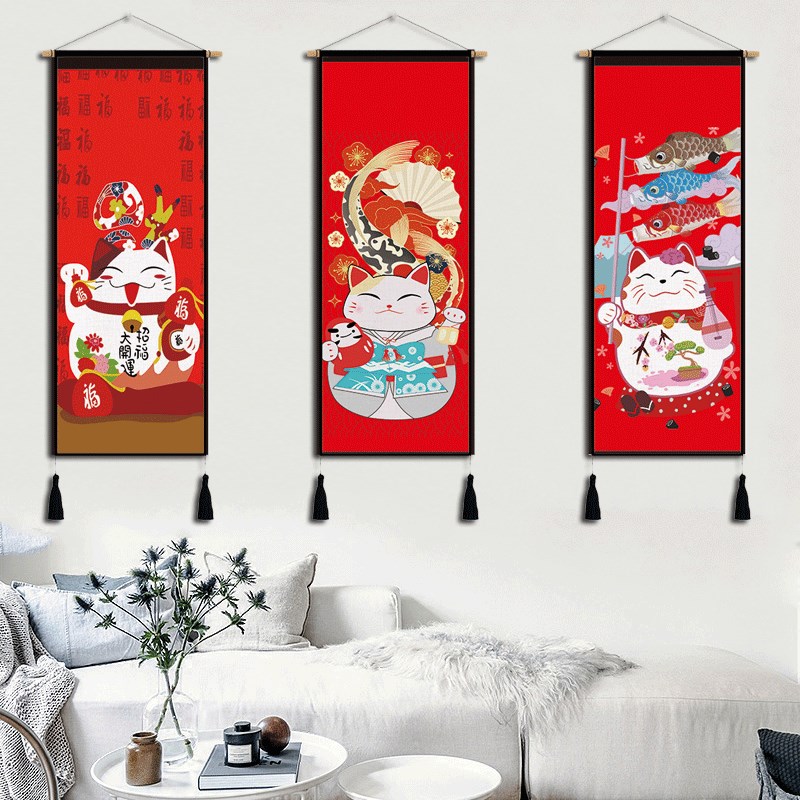 招财猫布艺挂画玄关客厅背景墙装饰画民宿挂毯墙画日式挂布遮挡布图片