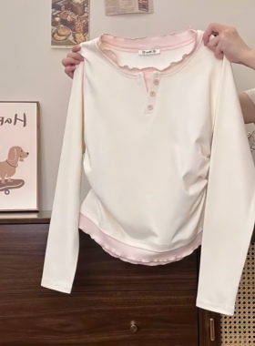 Silk·奶油冰淇淋~粉白甜美风T恤长袖学院风上衣女小众设计新款