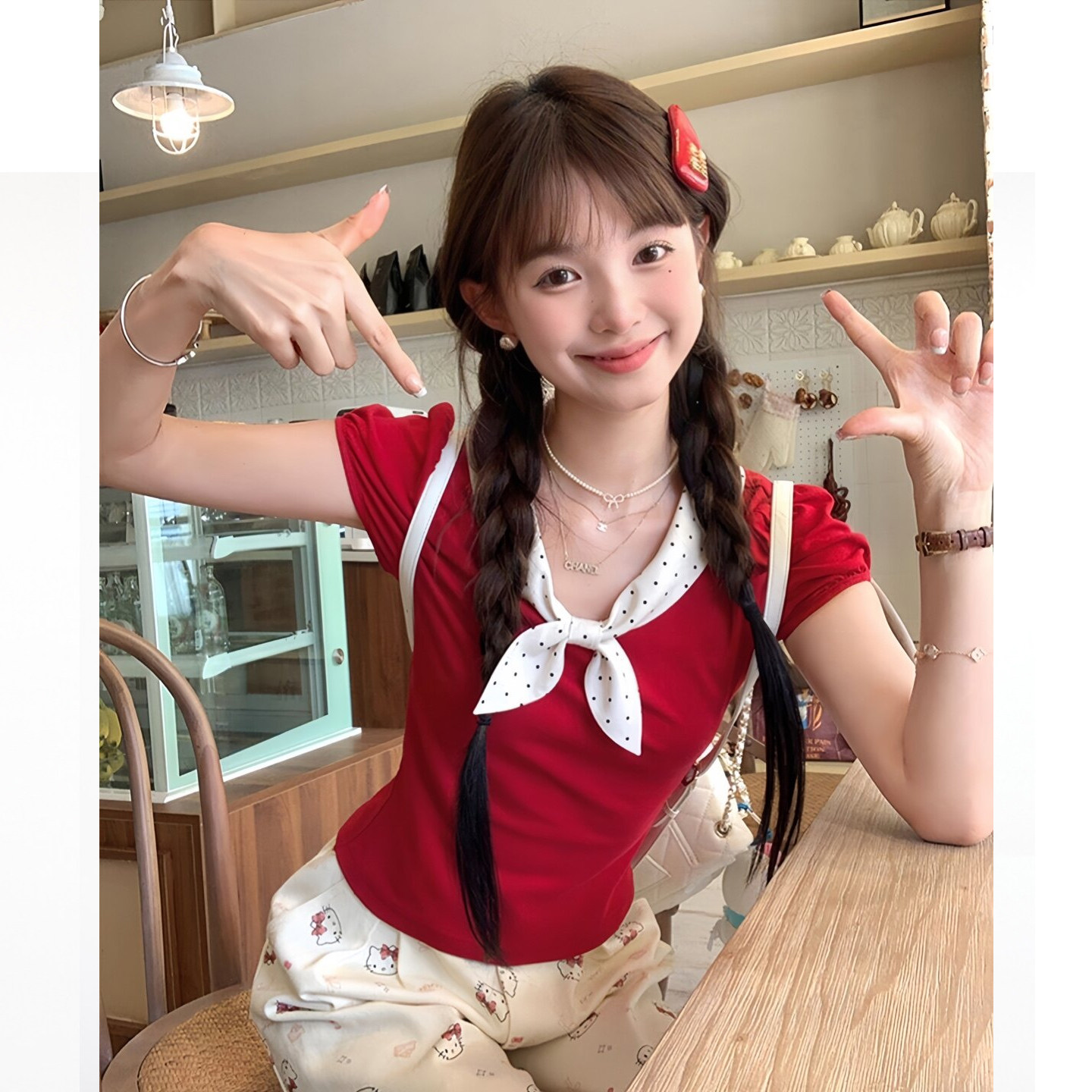 Silk·可乐学院~红色蝴蝶结T恤女夏季正肩上衣短袖修身显瘦短款