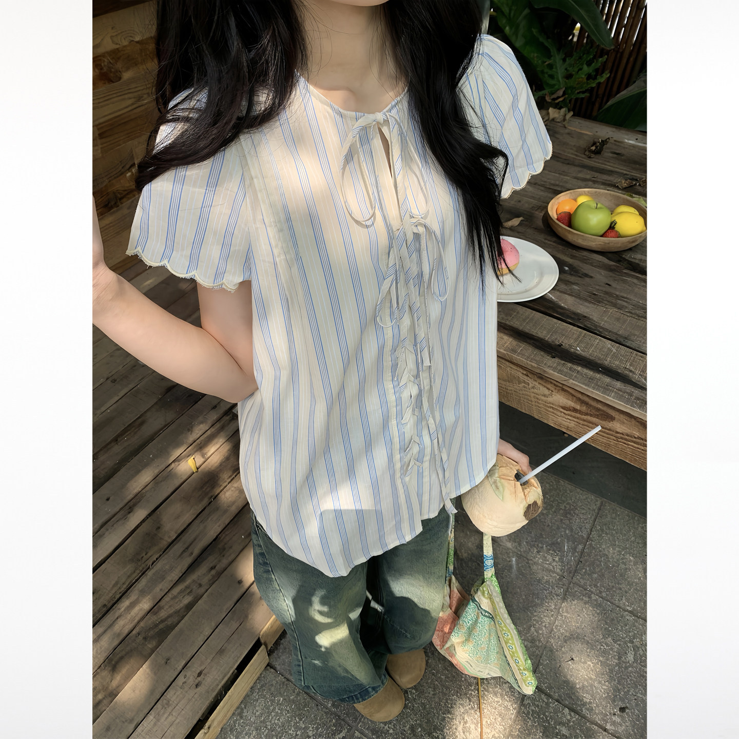 SS“半岛情书”韩系蓝白条纹短袖衬衫女甜美衬衣蓝色学院格子上衣
