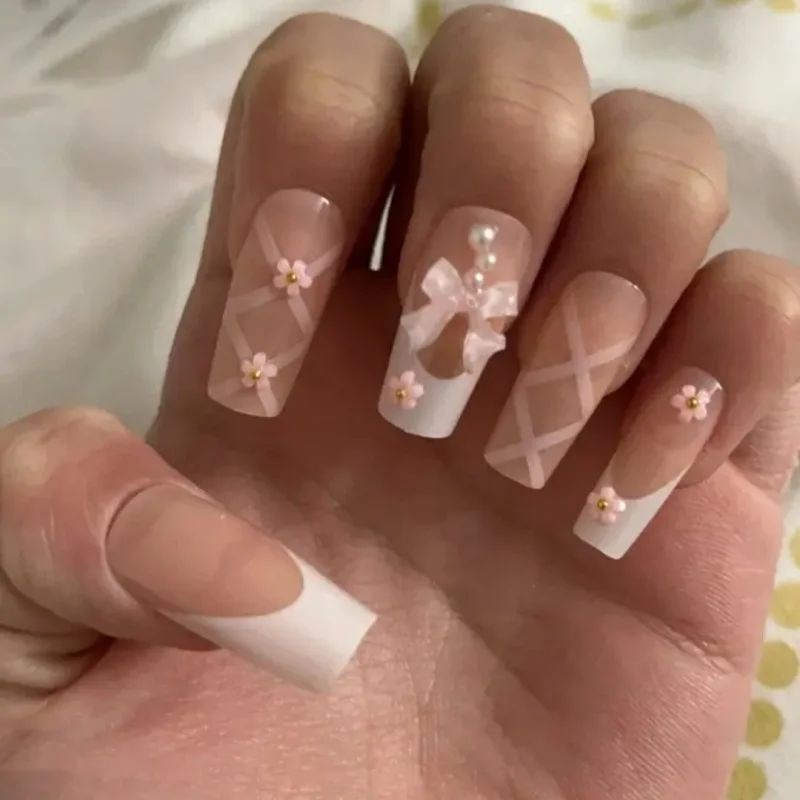 24Pcs Pink Bow Press on Nails 3D Flower wiNth Pearl Design A