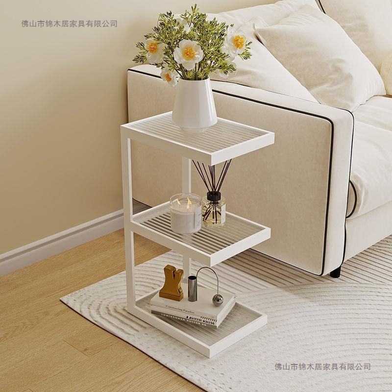客厅沙发家用落地置物架极窄床头柜轻奢置物架边几奶油风玻璃角几