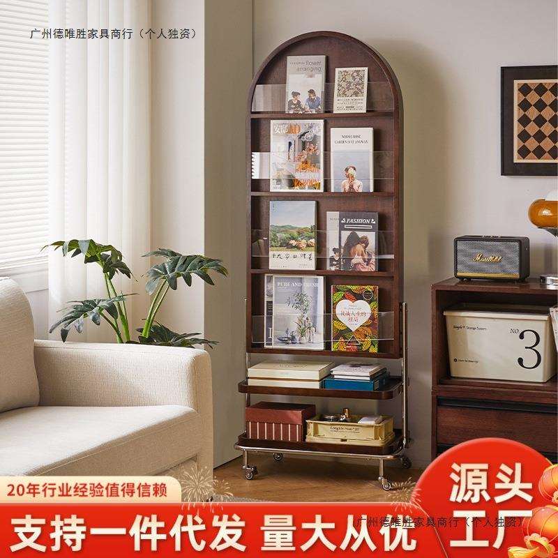 可旋转全身镜家用实木落地镜卧室穿衣镜中古收纳杂志架一体镜子