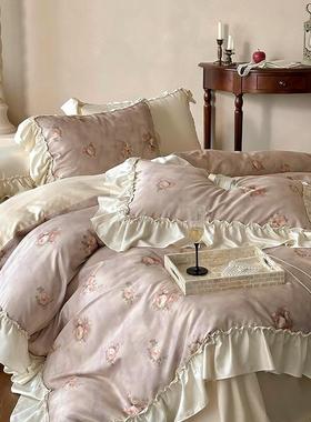 法式浪漫花边100S长绒棉床单四件套纯棉磨毛被套罩公主风床上用J^