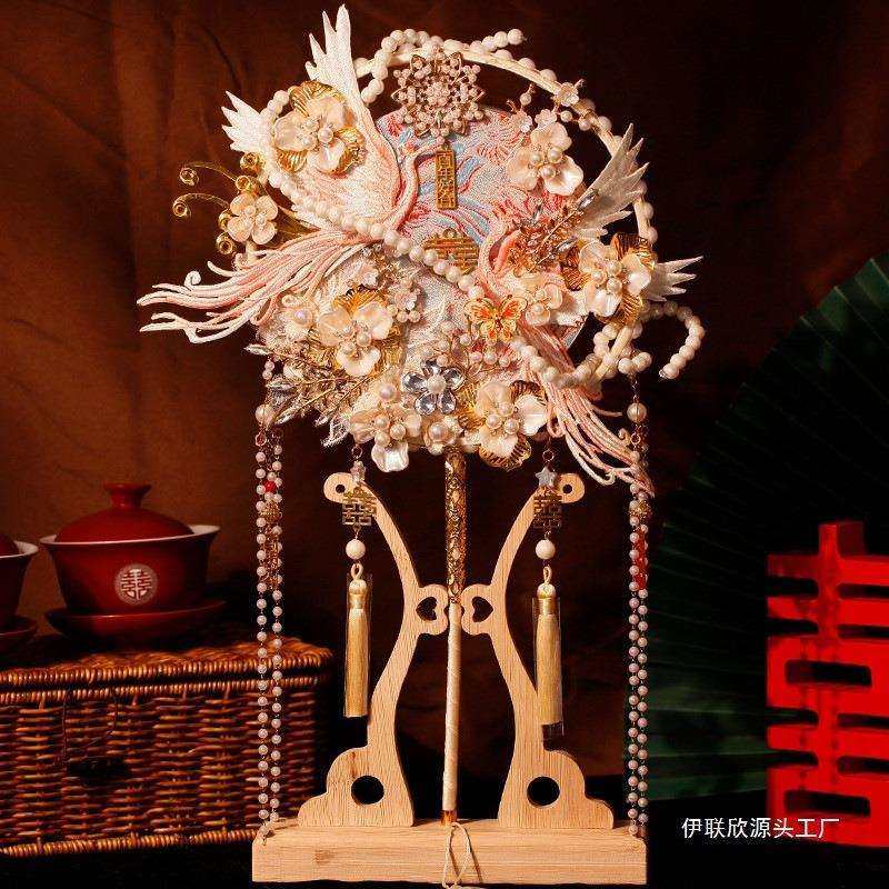 团扇新娘结婚材料包手工成品秀禾喜扇婚礼重工婚扇子双面