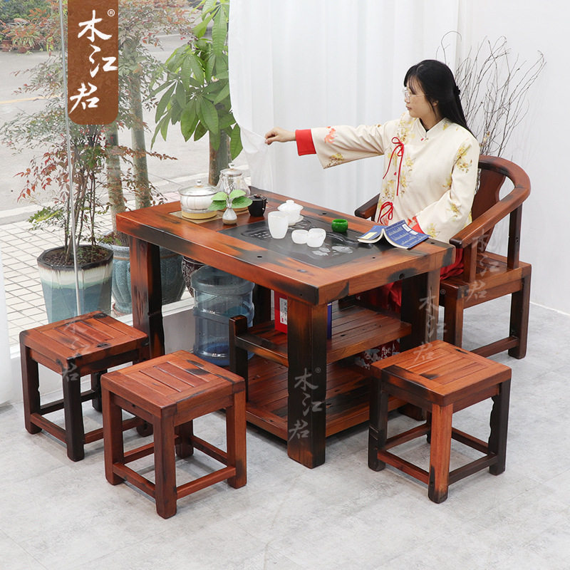 老船木阳台小茶桌椅组合中式实木客厅茶几家用泡茶台一体组合套装