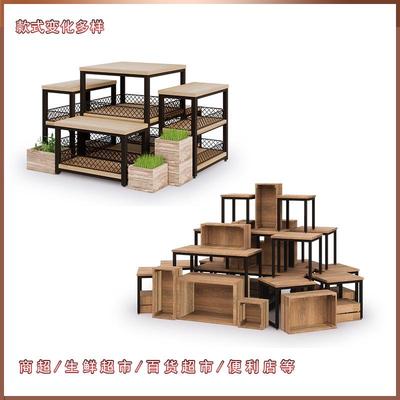 产地超市货架超市钢木堆头货架装配式造型组合钢木货架
