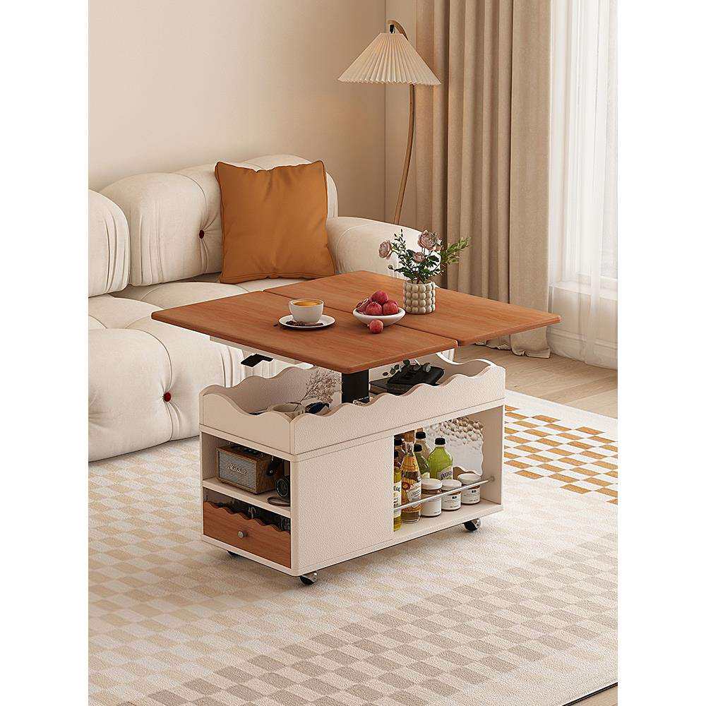 奶油中古风升降方桌客厅可调节高度的茶几迷你可移动小茶桌可折叠