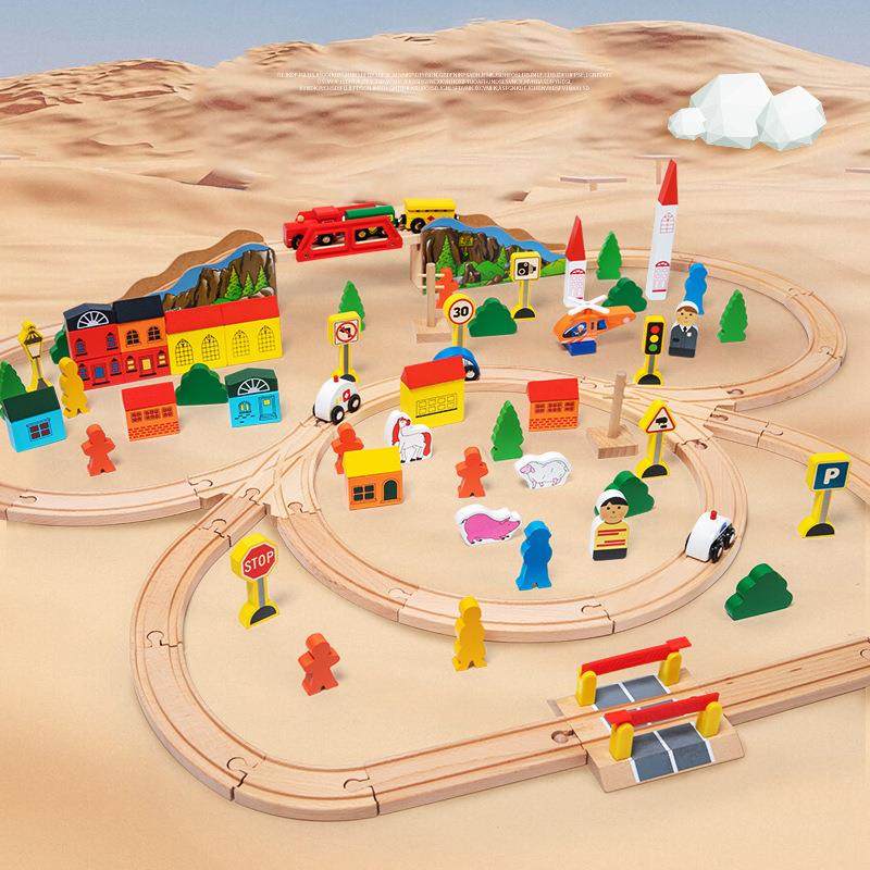 木制101件环城火车轨道套装益智木质玩具拼插木质轨道