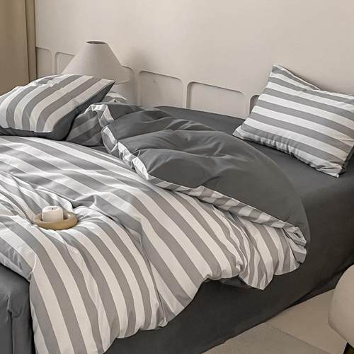 简约纯棉印花四件套全棉斜纹格子条纹被套床单学生宿舍单双人床品