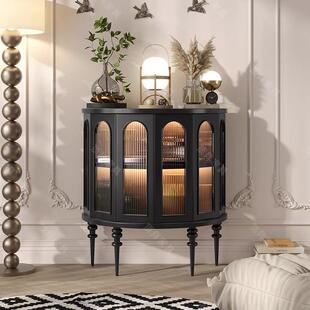 法式复古玄关柜轻奢风客厅实木入户装饰储物柜带感应灯艺术餐边柜