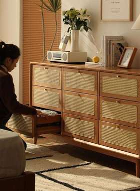 北欧实木九斗柜简约客厅日式藤编抽屉装饰柜卧室民宿收纳储物柜