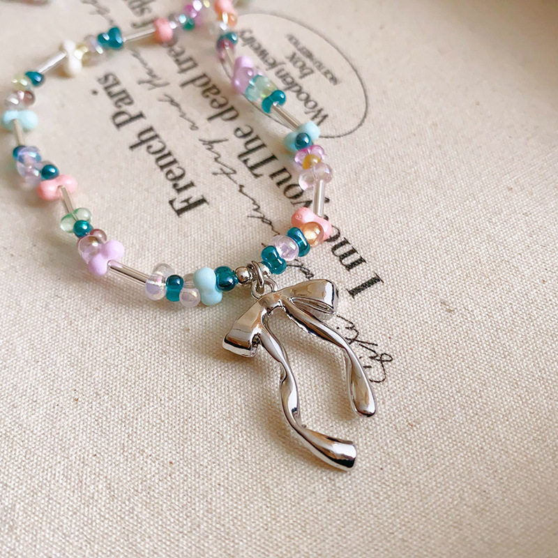 Xooie French Niche~ Sweet Rice Bead Beaded Bow Necklace Elegant Sweater Chain Niche Design Necklace
