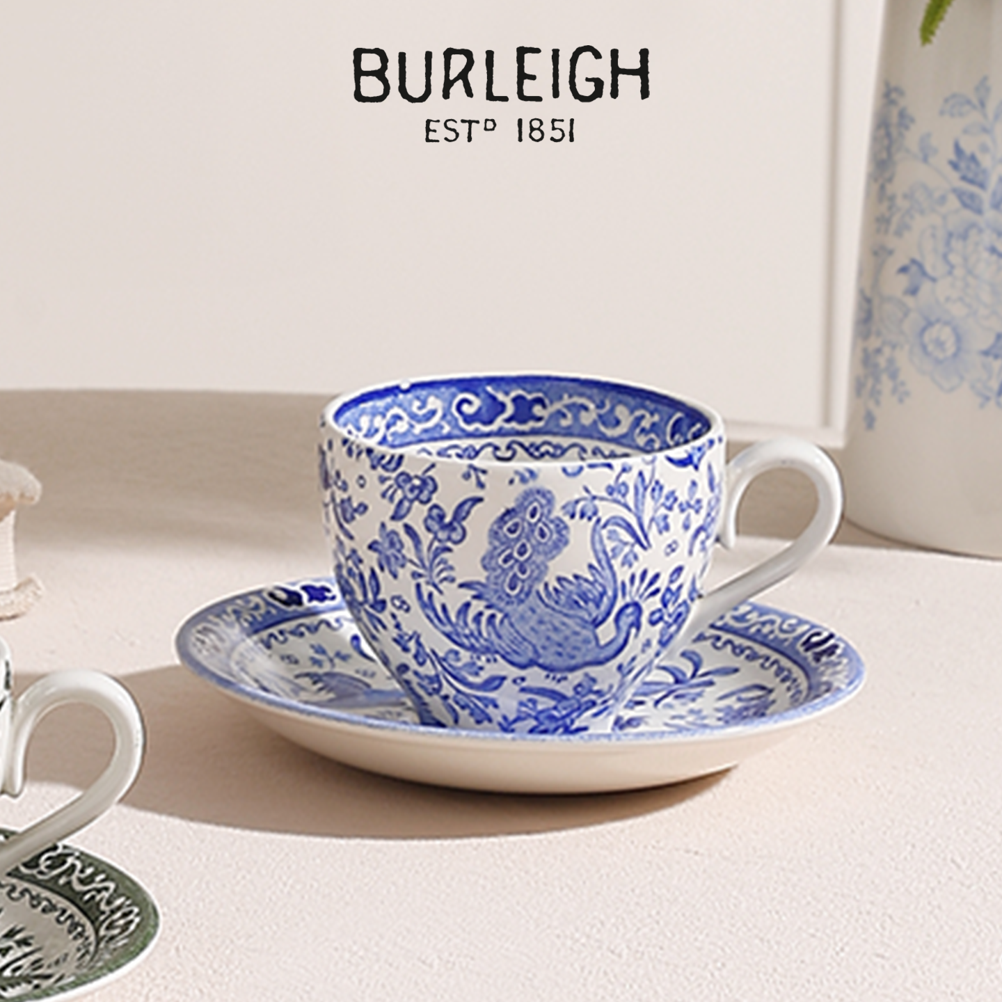 BURLEIGH博俪英国进口孔爵花影帝王绿陶瓷碗盘餐具茶杯碟礼物复古