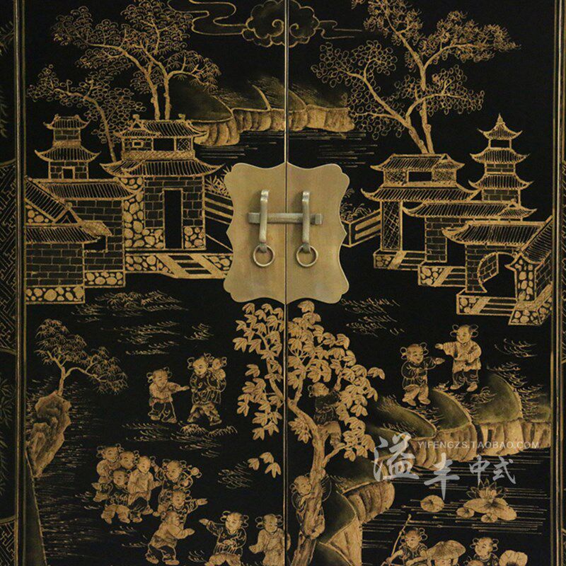 现代新典实木黑色手绘两门做旧复古玄卧室立柜柜