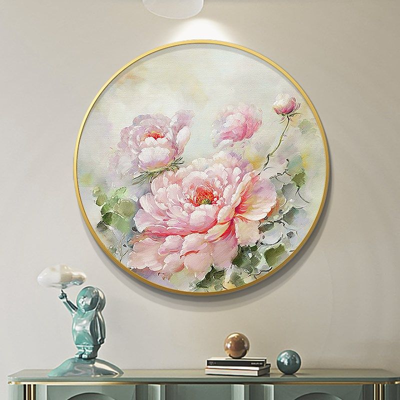 现代入户玄饰画圆形挂画过道卧室新客厅手绘油画牡丹