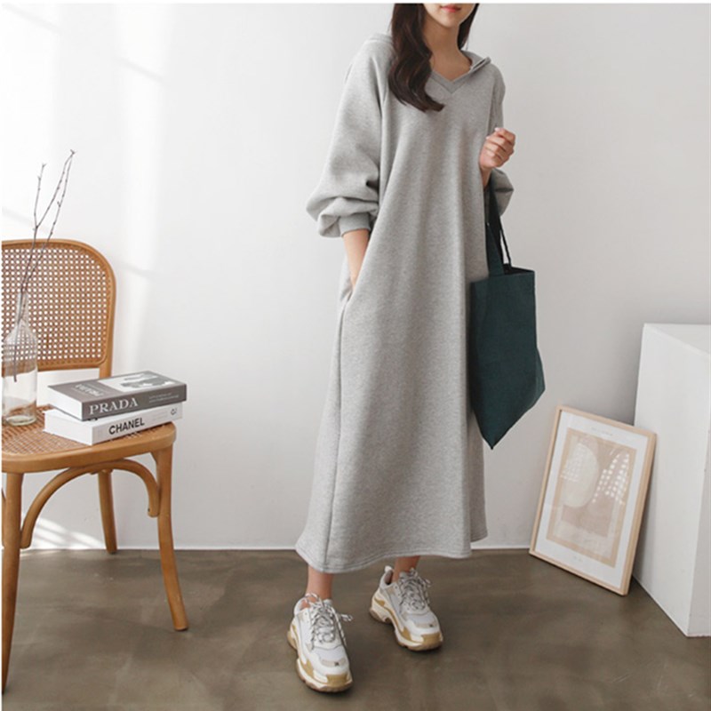 2024秋冬新款韩版大码女装长款连衣裙连帽长袖宽松显瘦卫衣长裙