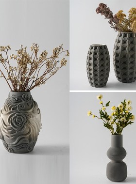 3D打印陶瓷立体浮雕高级灰色玫瑰花瓶摆件现代简约样X板间花器装
