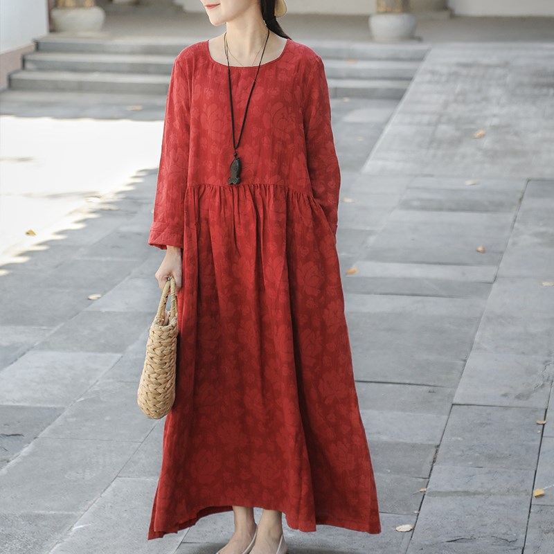 春秋女棉麻提花a字连衣裙2024年新款长袖气质宽松显瘦高腰长裙子