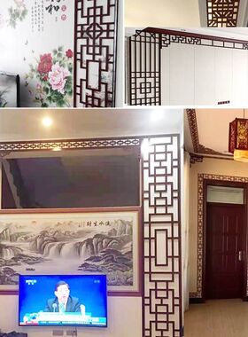 中式棚顶装饰木雕隔断镂空雕花回字纹线条网红天花板装饰PVC花格