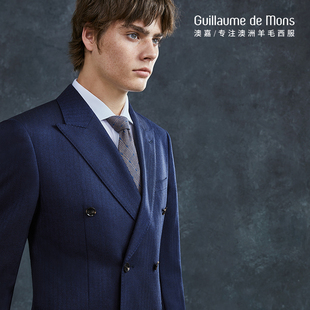 双排扣蓝色正装 男套装 纯羊毛西装 新郎结婚礼服三件套西服 澳嘉