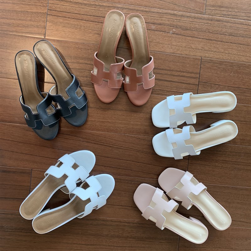 真皮凉拖粗跟外穿旅游平底沙滩拖鞋L女2022新一字凉拖