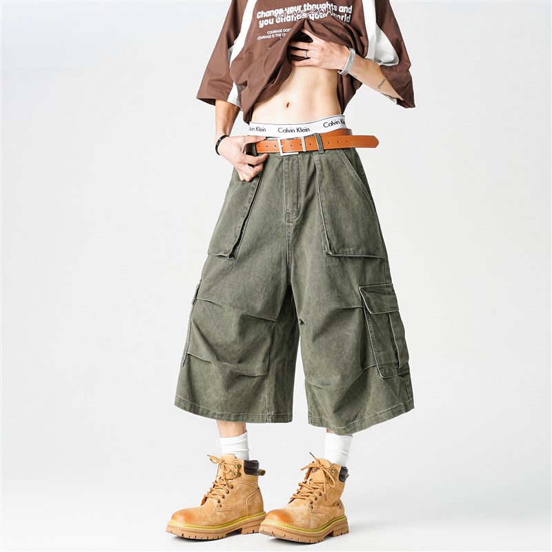 绿色多口袋七分工装裤男夏季美式高街潮牌褶皱设计感阔腿休闲裤子