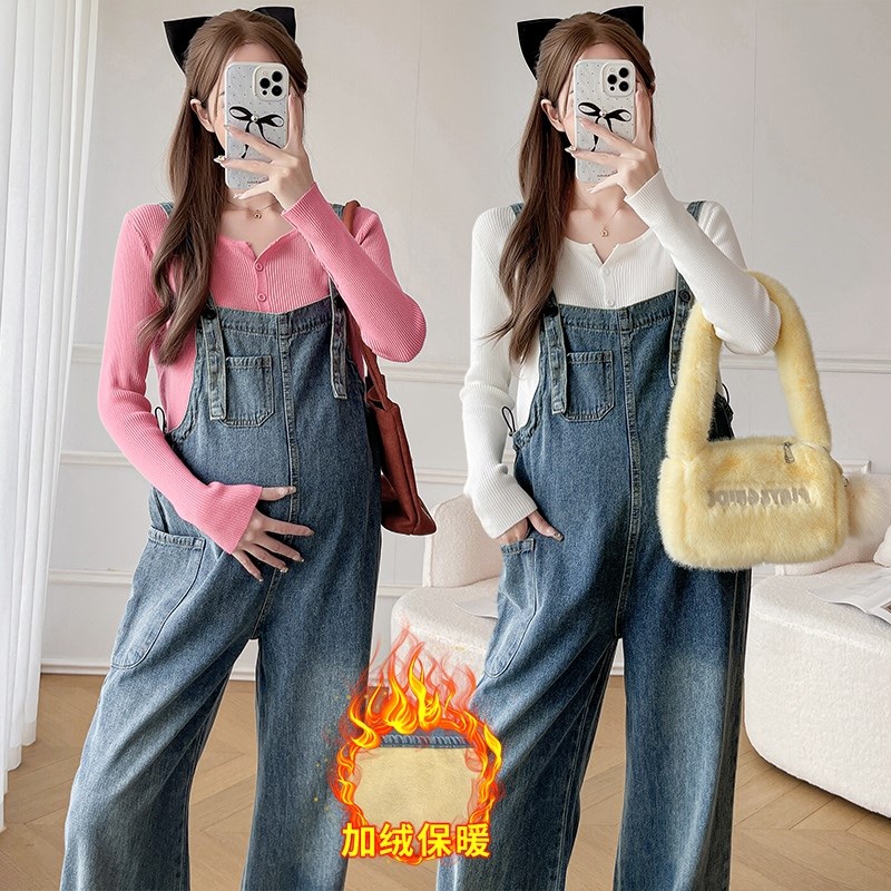 孕妇裤子冬季外穿怀孕牛仔背带裤冬装加绒保暖休闲裤冬款宽松长裤