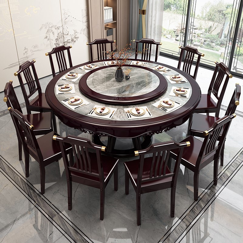 大理石餐桌新中式实木圆桌转盘家用餐桌椅吃饭饭桌岩板2m大圆桌子