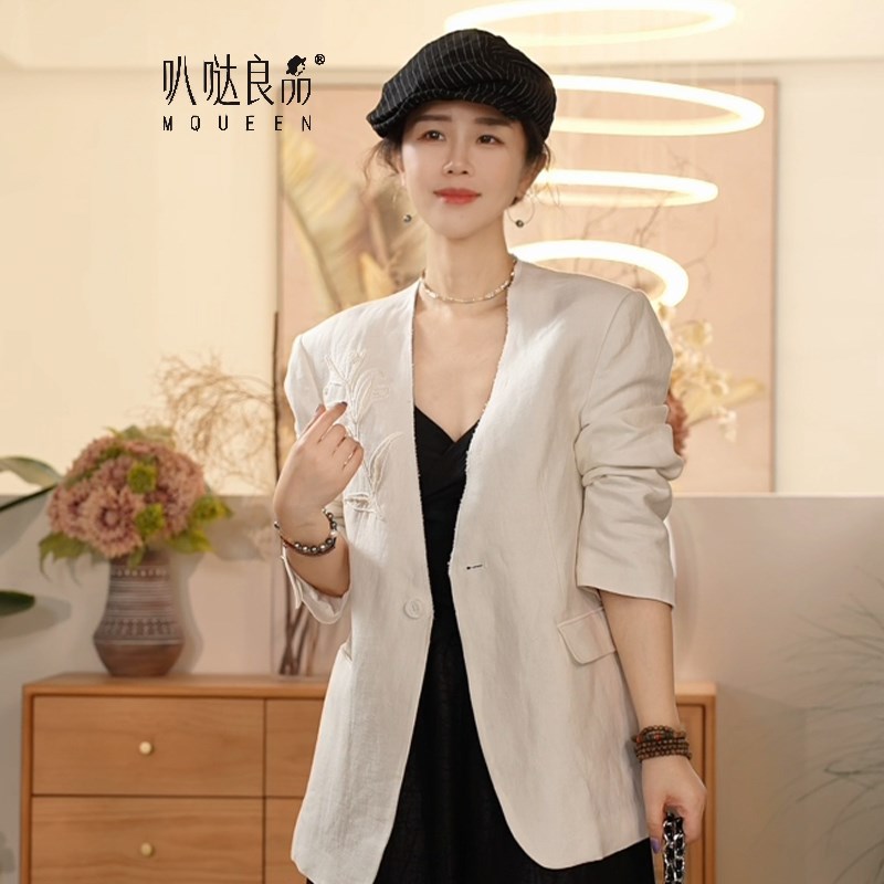 【叭哒不惑】亚麻重工钉珠刺绣休闲西装宽松显瘦百搭上衣外套