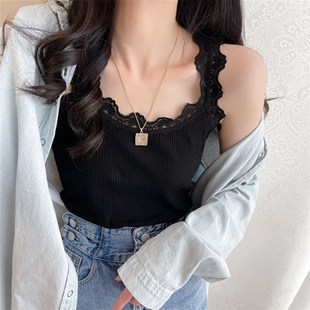 温柔系 内搭打底上衣 甜美蕾丝花边螺r纹棉吊带背心女夏季 超火修身