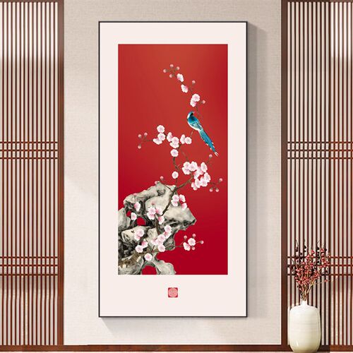 喜上枝头玄关装饰画新中式寓意好竖版花鸟挂画走廊过道壁画高级感